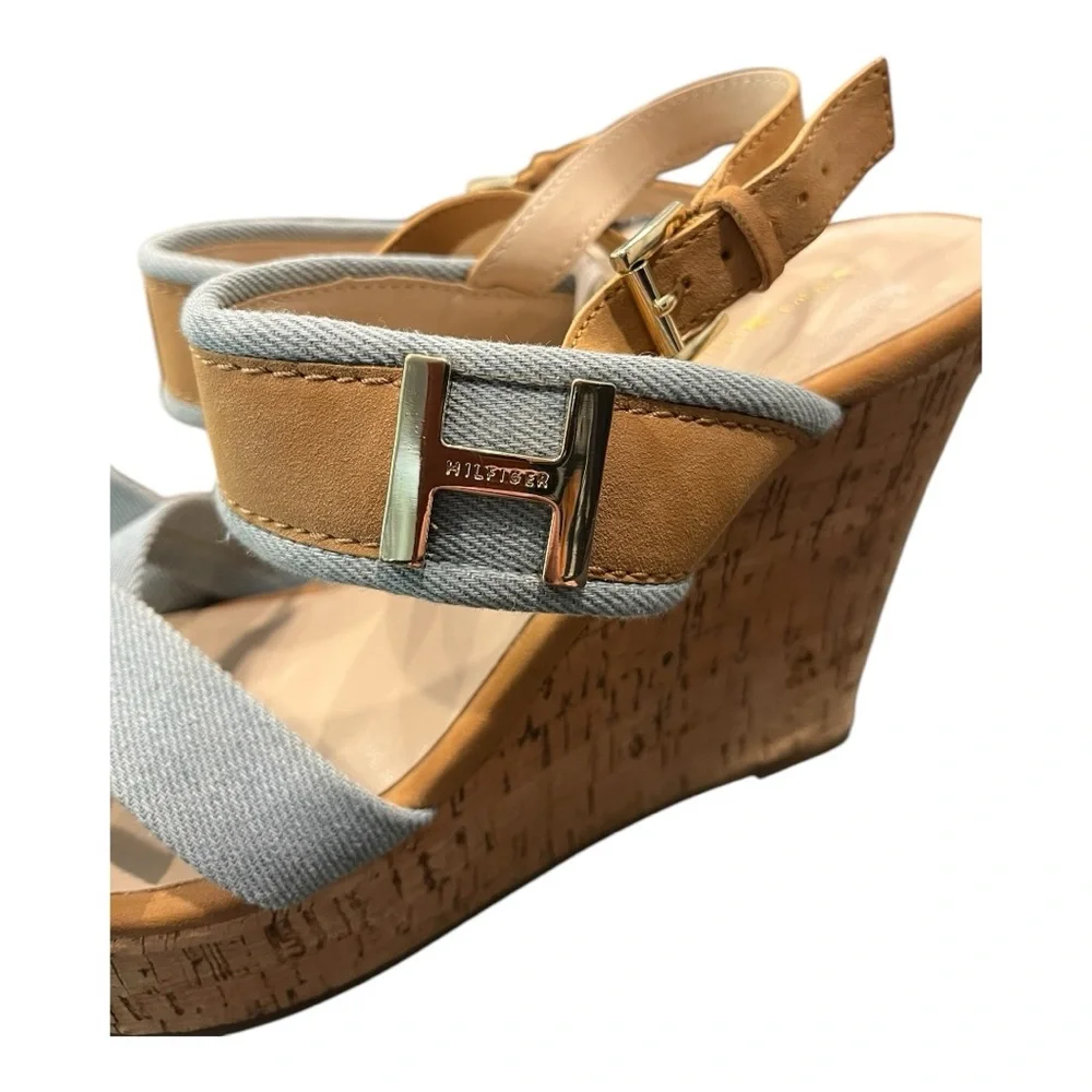 Tommy Hilfiger Denim and Tan Cork Gold‎ Hardware Wedges Size 9